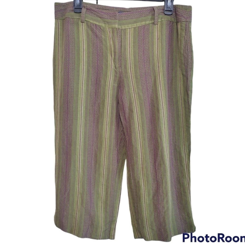 Evan Picone 14P Capri Cropped Pants Olive Green Plum striped Linen Blend